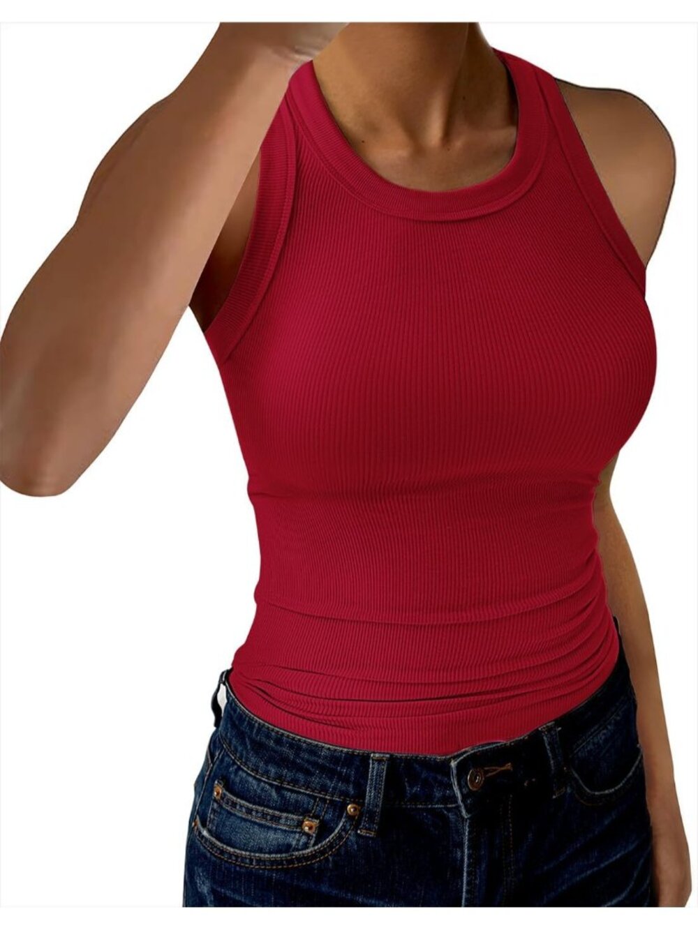 Women's Solid Red Tank Tops High Neck Sleeveless Strap Slim Fitted Shirts
